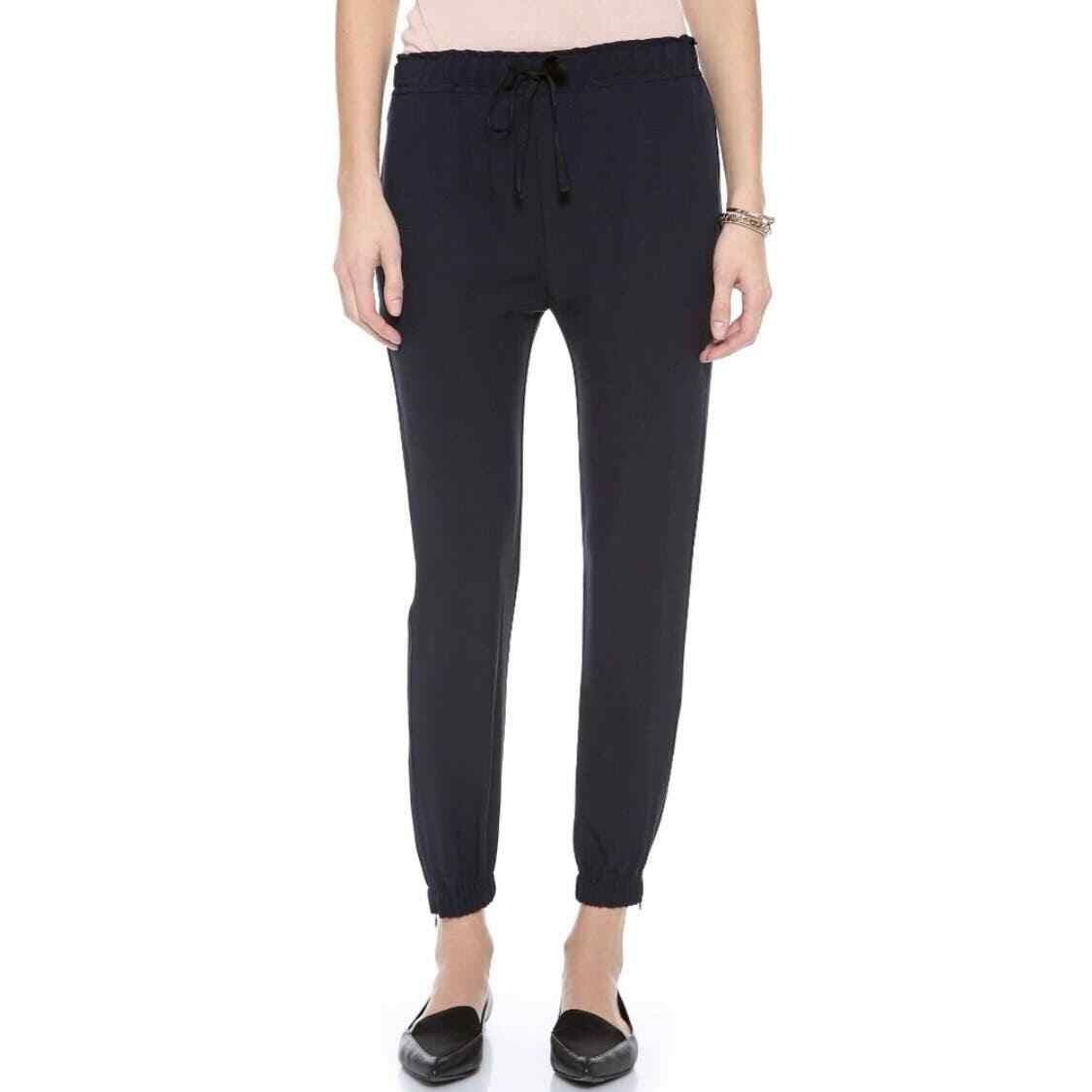 Nili Lotan Silk Jogger Pant Women 2 Navy Silk Drawstring Elastic Waist Ankle Zip